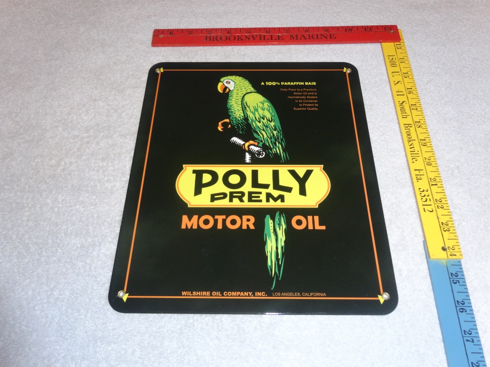 VINTAGE POLLY PREMIUM GASOLINE PARROT 12.5″ PORCELAIN METAL WILSHIRE CA OIL SIGN