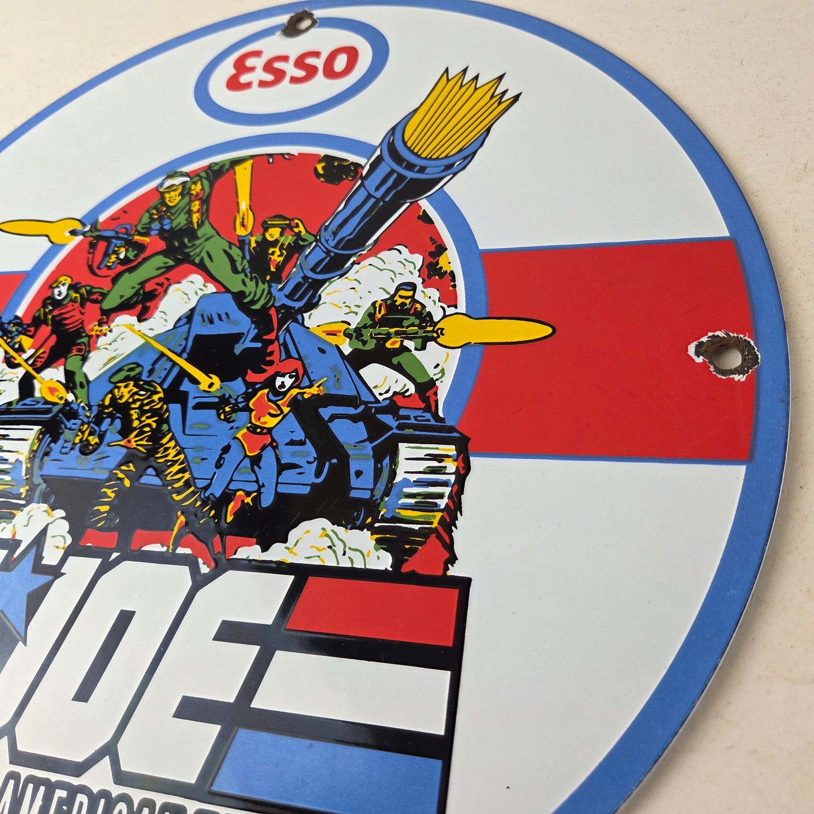 Vintage Esso G.I. Joe Tank Porcelain Sign – Real American Hero Gas Sign
