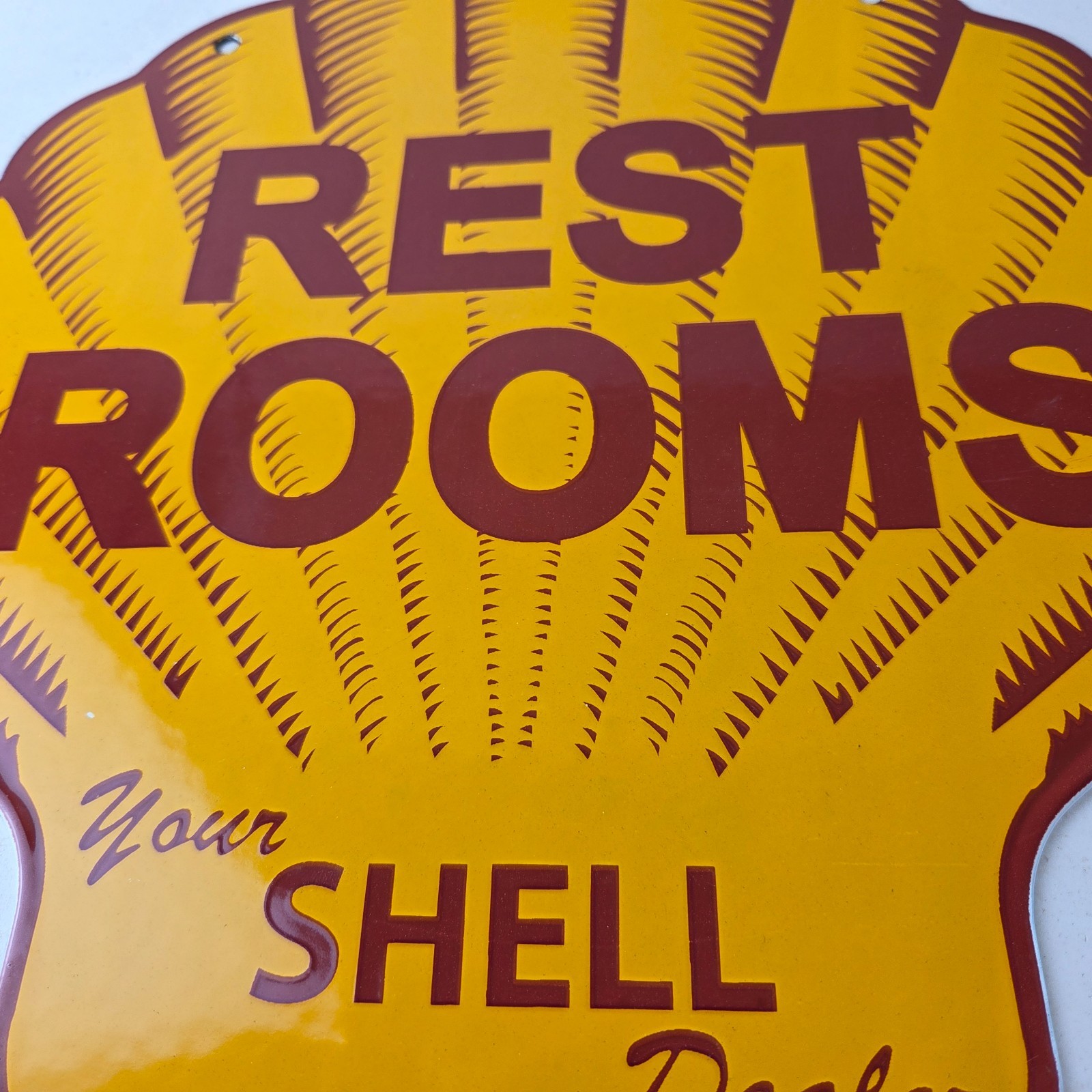Vintage Shell Gasoline Sign – Rest Rooms Porcelain Gas Pump Plate Sign