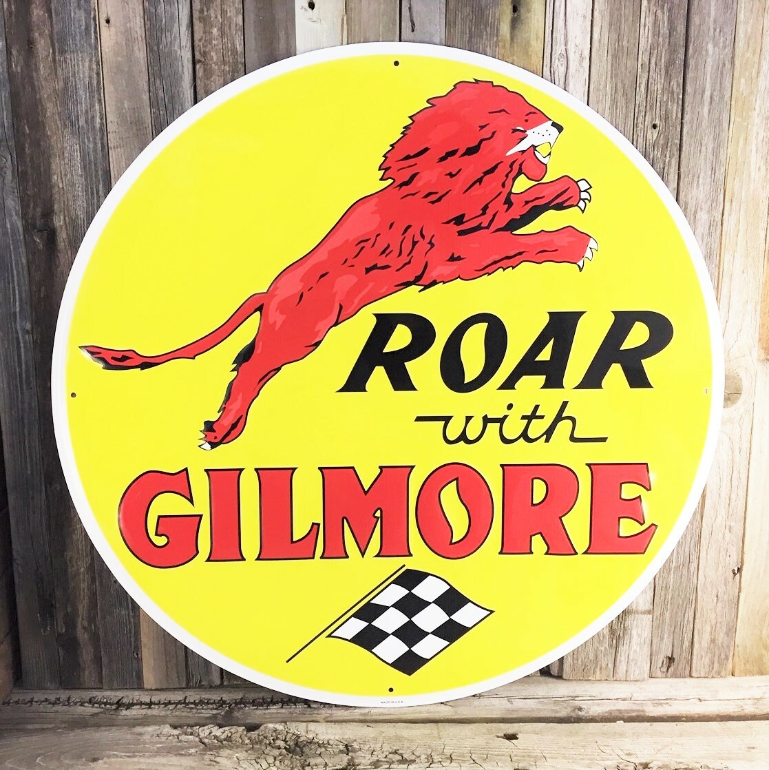 Gilmore Gasoline Gas Oil 24″ Large Embossed Round Metal Tin Sign Vintage Garage
