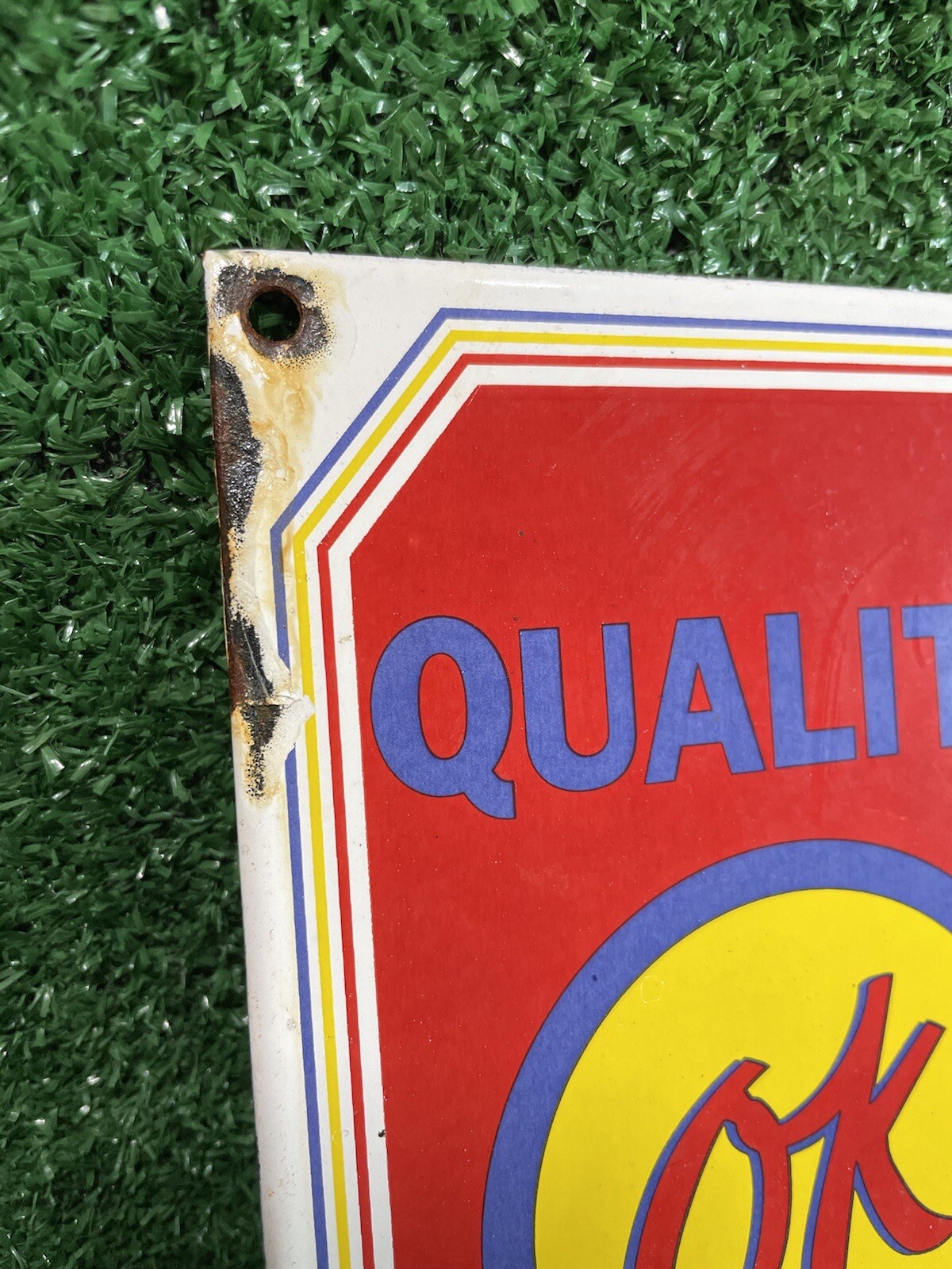 VINTAGE QUALITY OK USED CARS PORCELAIN SIGN DEALERSHIP GAS OIL SERVICE STATION