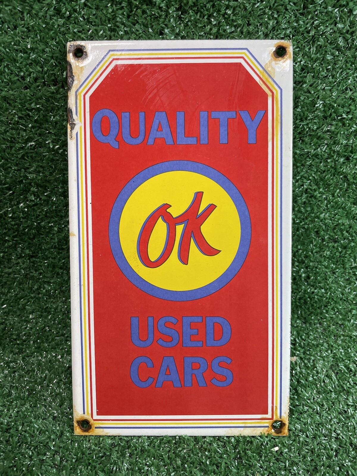 VINTAGE QUALITY OK USED CARS PORCELAIN SIGN DEALERSHIP GAS OIL SERVICE STATION