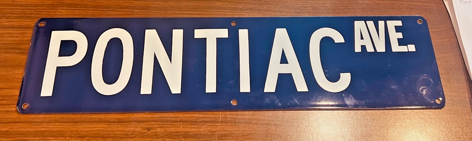 Vintage Pontiac Ave Porcelain Street Sign Blue White Enamel Antique 24×6 Gas Oil