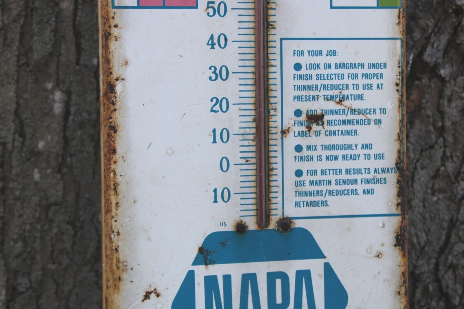 date 1965 NAPA AUTO PARTS MARTIN SENOUR AUTO PAINT Old 7×27 in. Thermometer Sign