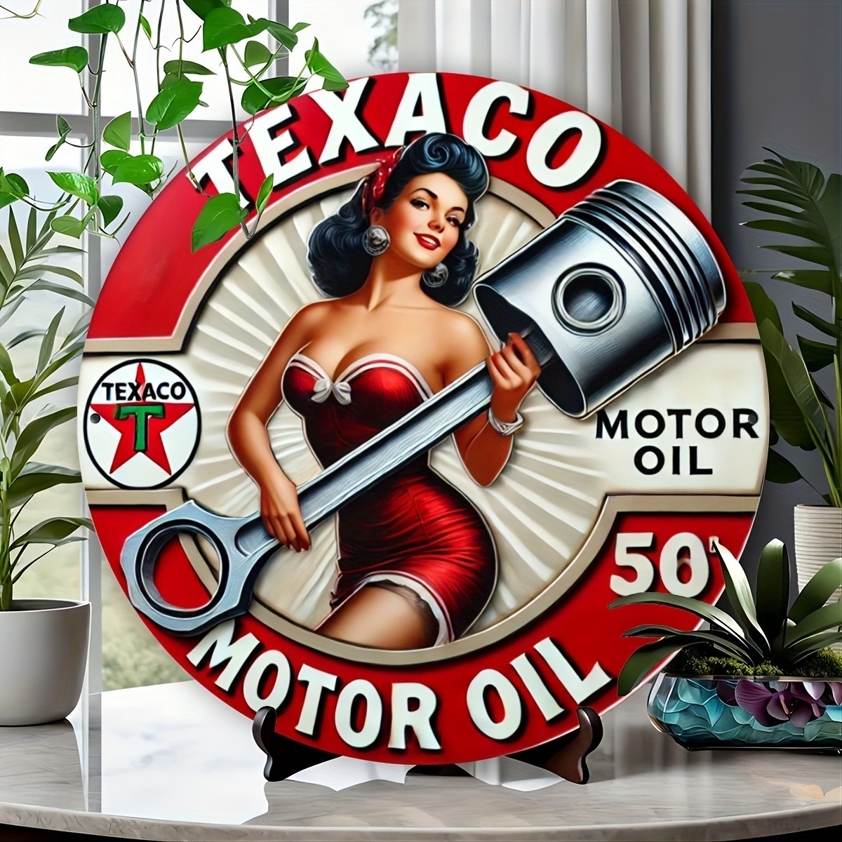 Vintage Texaco Gas Sign Round Metal Wall Art Garage Bar Man Cave Decor Retro USA