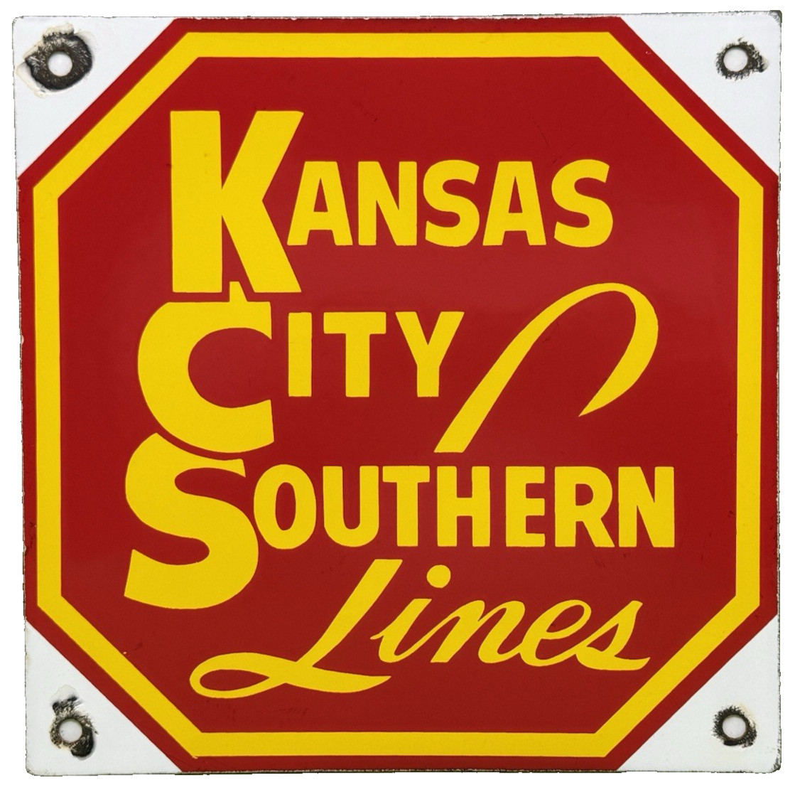 VINTAGE KANSAS CIT SOUTHERN LINES PORCELAIN SIGN TRAIN STATION GAS OIL RAILROAD