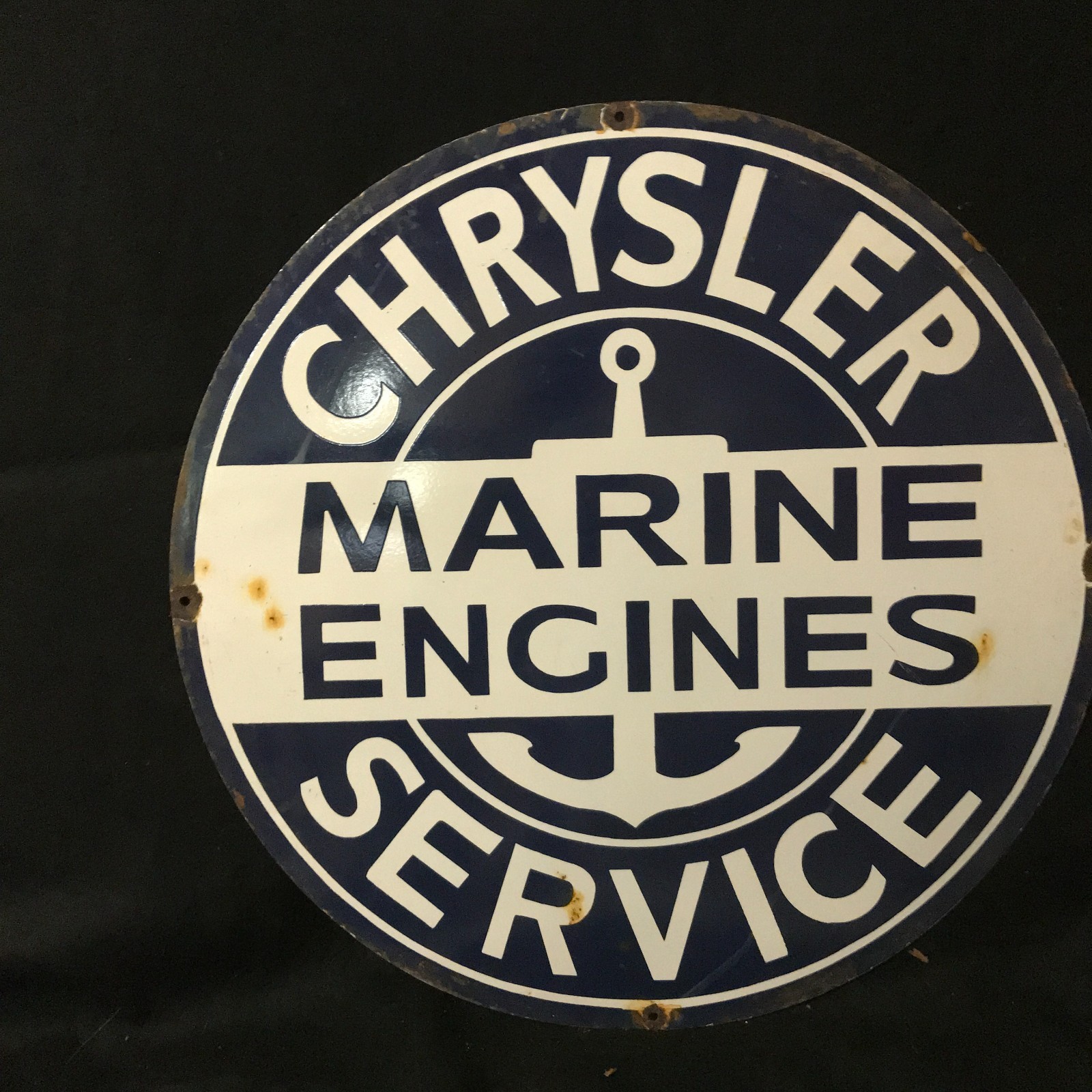 CHRYSLER MARINE ENGINES ADVERTISING PORCELAIN ENAMEL SIGN 30 IN ROUND SS
