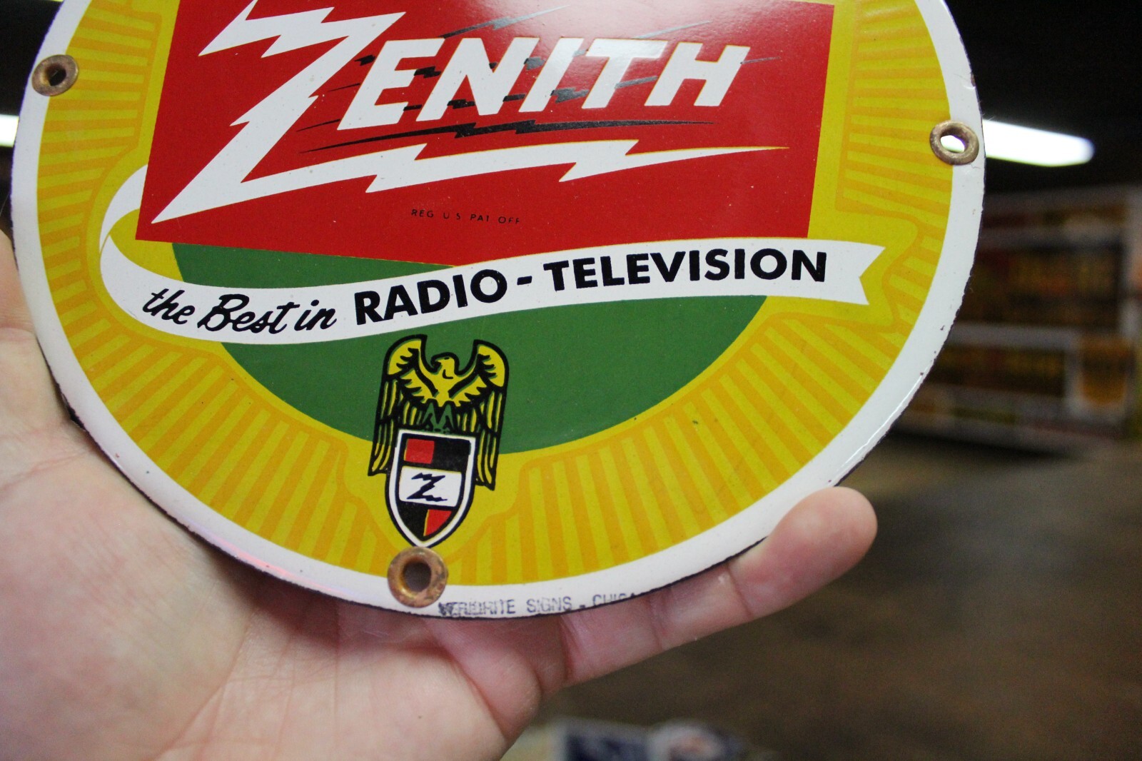 RARE ZENITH RADIO TV DEALER PORCELAIN METAL SIGN TUBE REPAIR ELECTRONIC DEPT