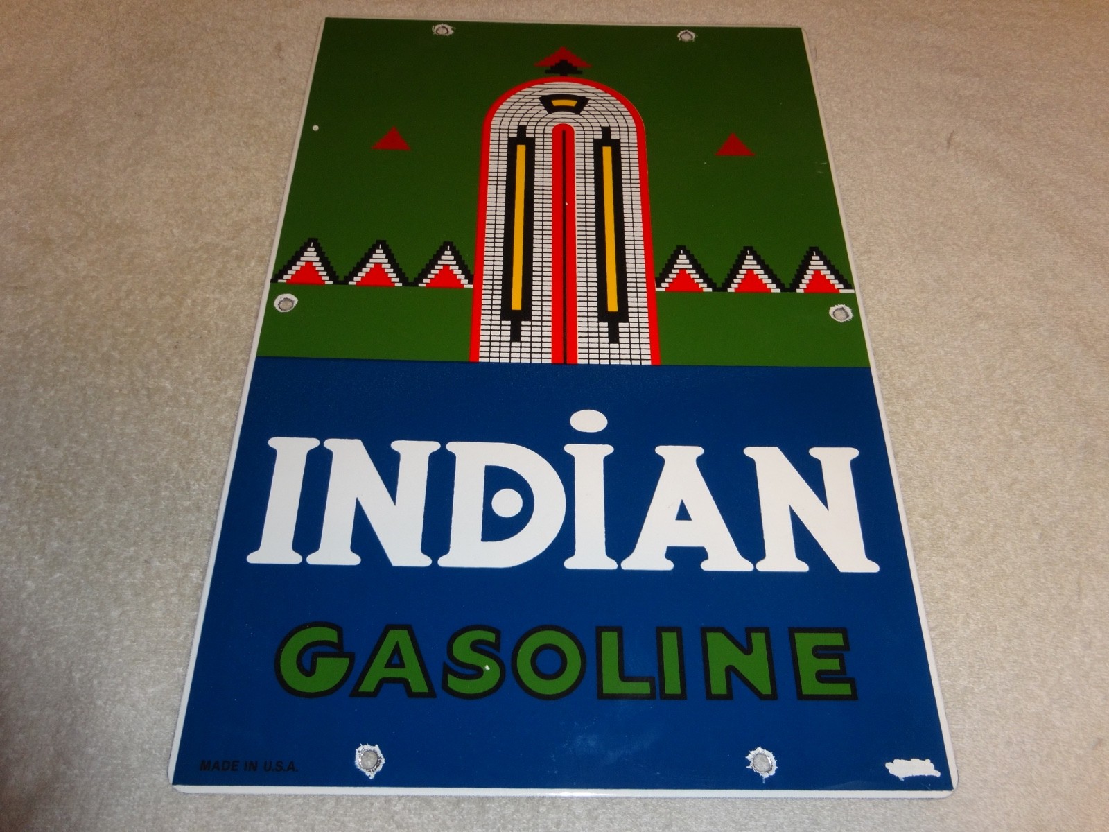VINTAGE INDIAN GASOLINE 18″ PORCELAIN METAL MOTORCYCLE GAS & OIL PUMP PLATE SIGN