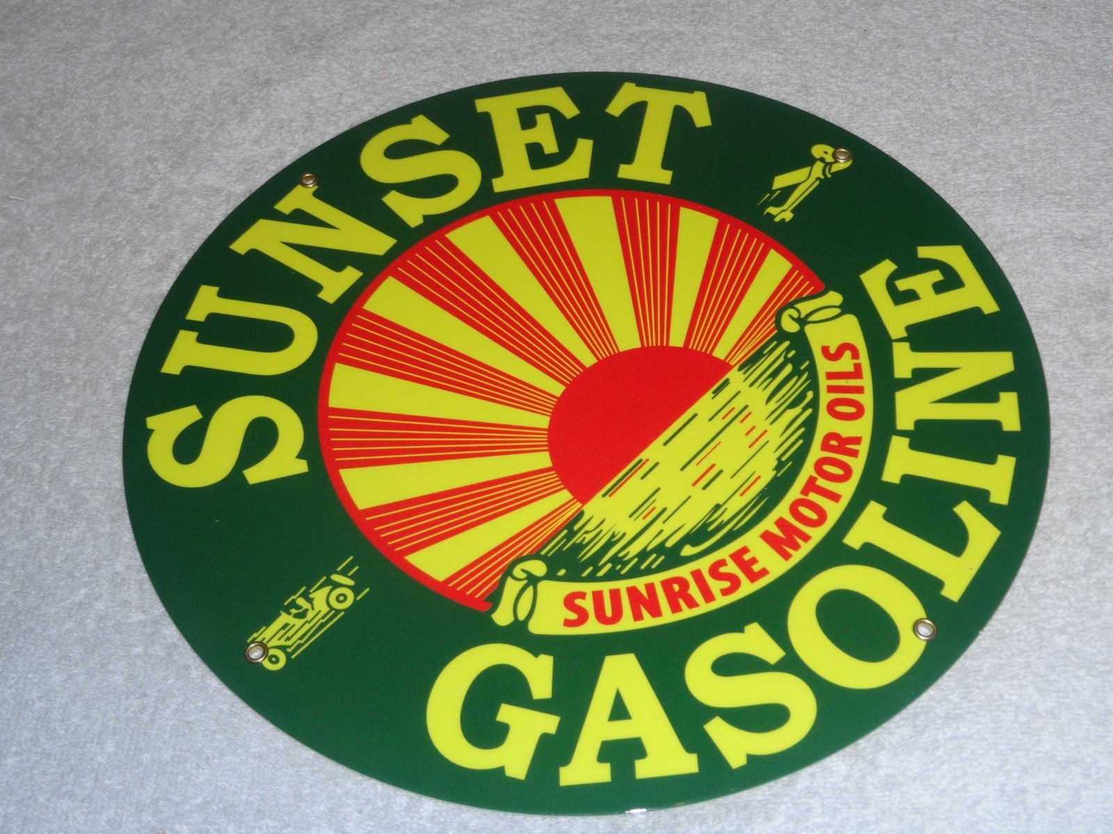 VINTAGE SUNRISE MOTOR OILS SUNSET GASOLINE 11 3/4″ PORCELAIN METAL AIRPLANE SIGN