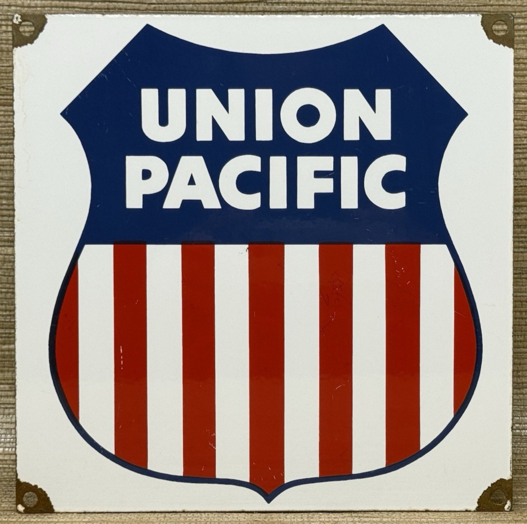 VINTAGE UNION PACIFIC PORCELAIN SIGN TRAIN STATION GAS OIL RAILROAD FREIGHT