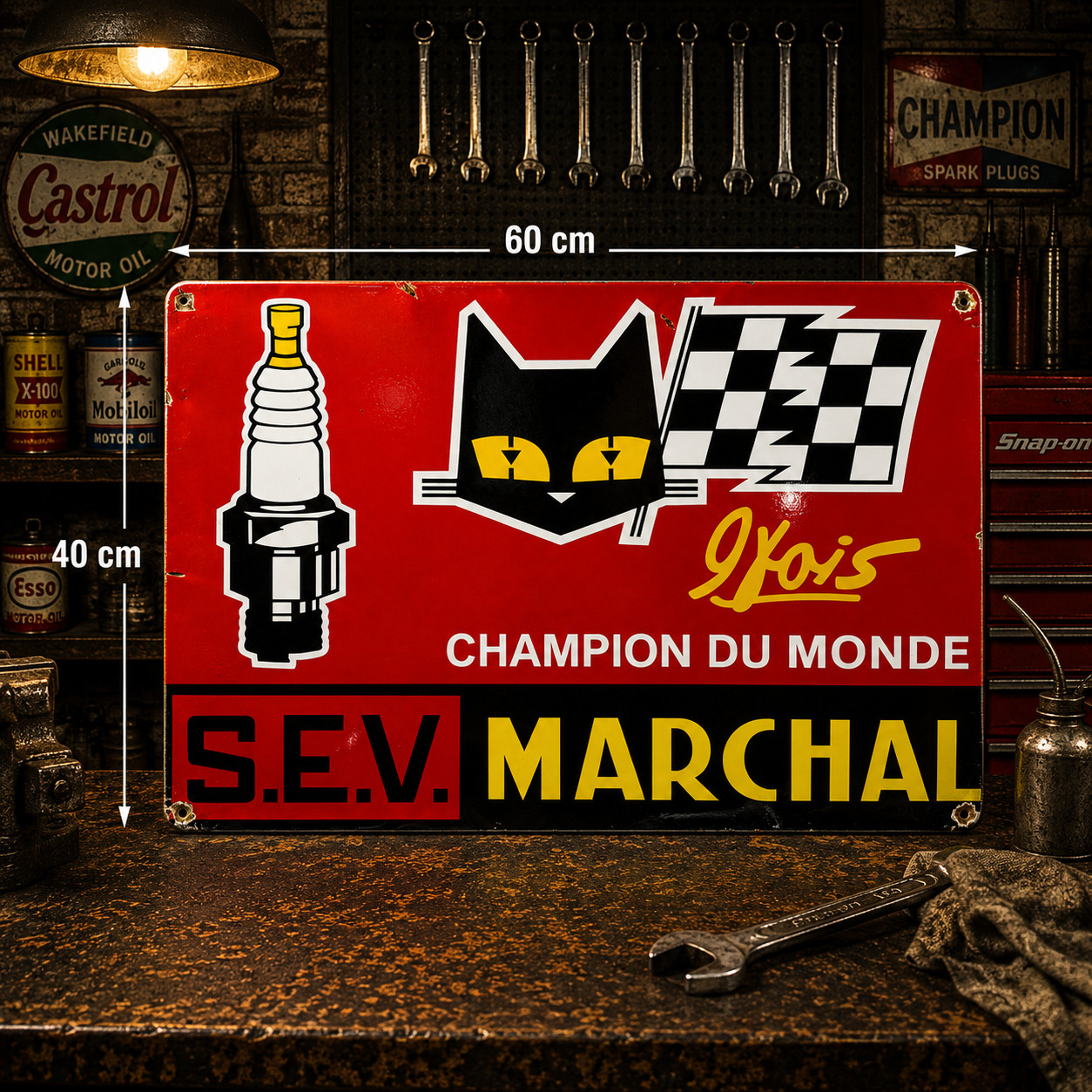Vintage Rusty S.E.V. Marchal Champion du MondeMetal Sign–60×40 cm (23.6” × 15.7)