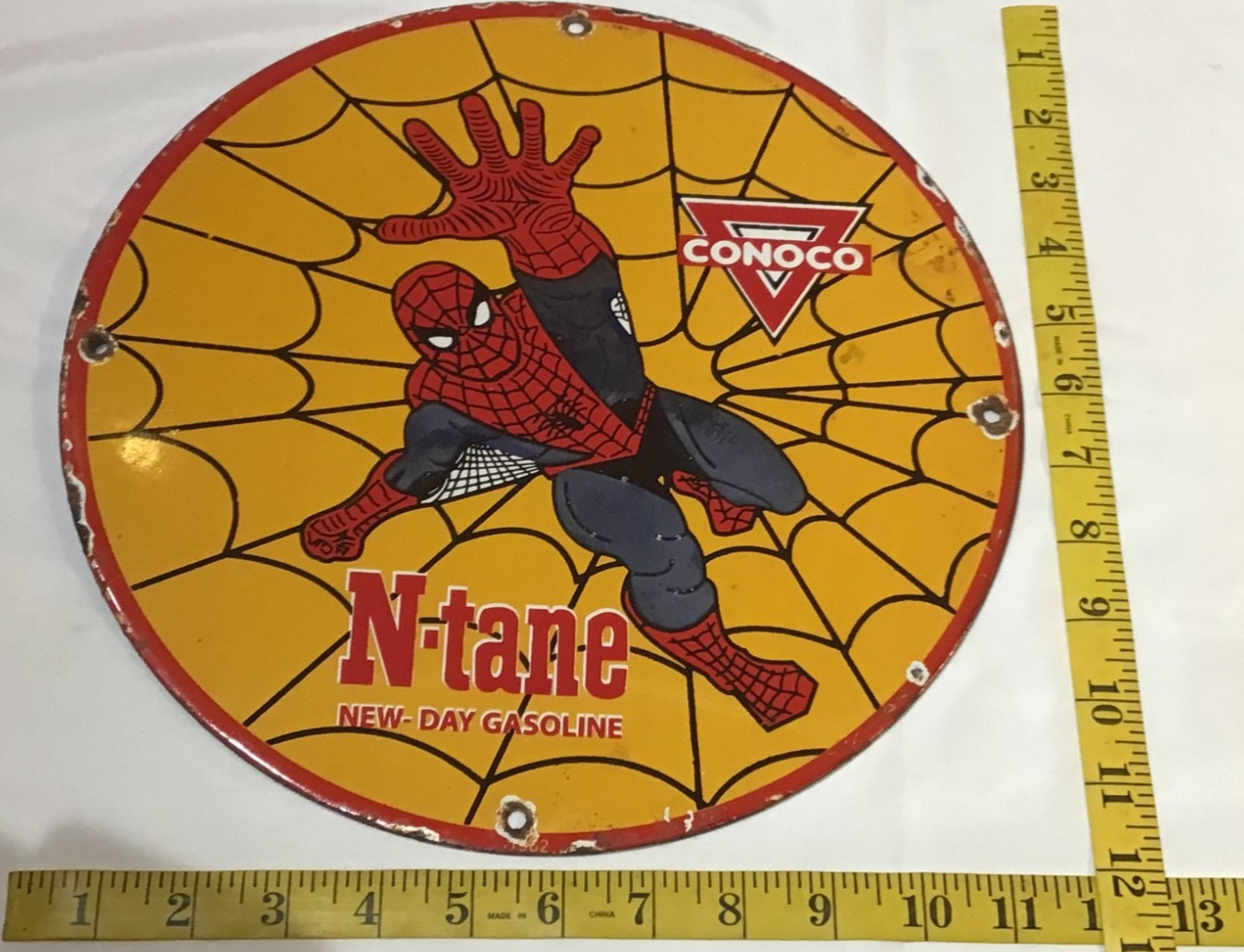 CONOCO N-TANE GASOLINE Porcelain Metal Gas Advertising Sign with Spider-Man 12”