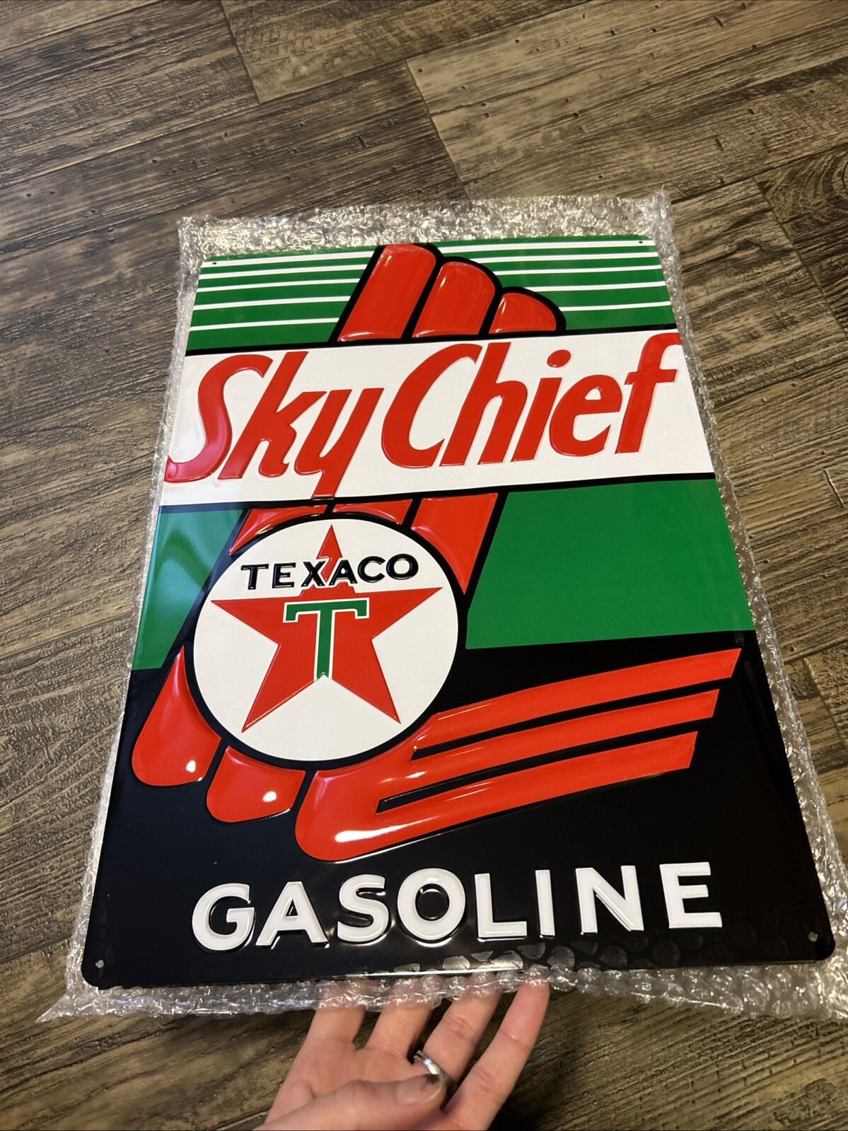 NOS TEXACO Sky Chief Gasoline Metal Sign, 16×10½, Ande Rooney 2009 Embossed Tin