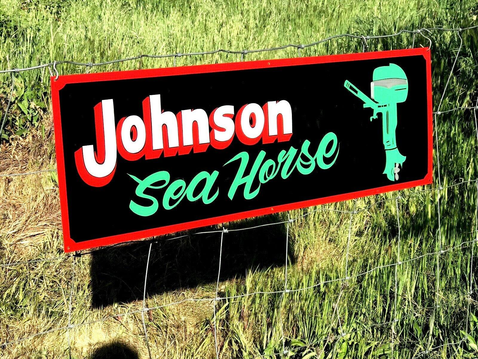 Large Vintage Hand Lettered JOHNSON OUTBOARD MOTOR Boat Gas Man Cave Fish SIGN