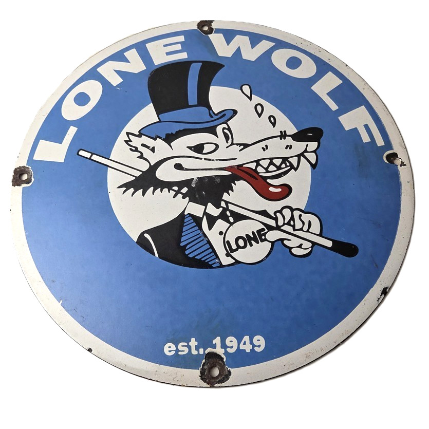 Vintage Lone Wolf Sign – Gas Porcelain Service Rockabilly Hot Rod Customs Sign