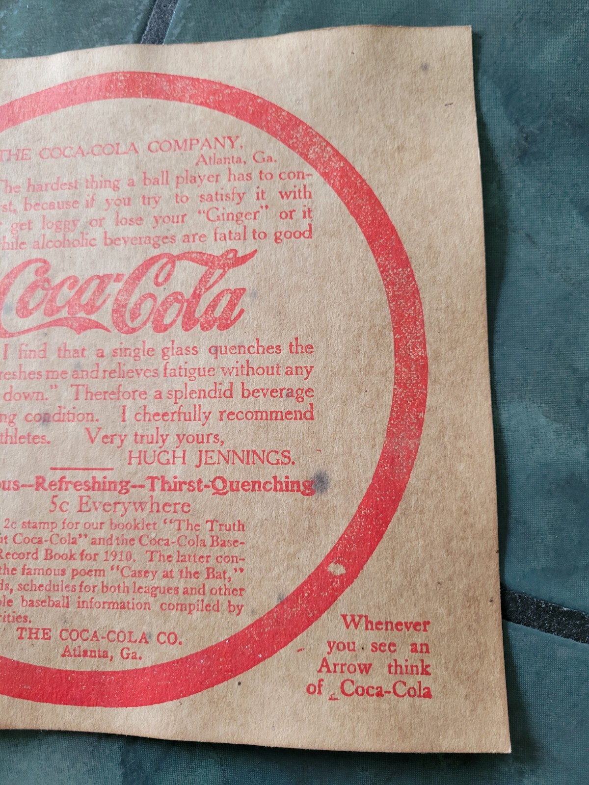 Vintage COCA COLA arrow baseball HUGH JENNINGS Detroit Tigers sign