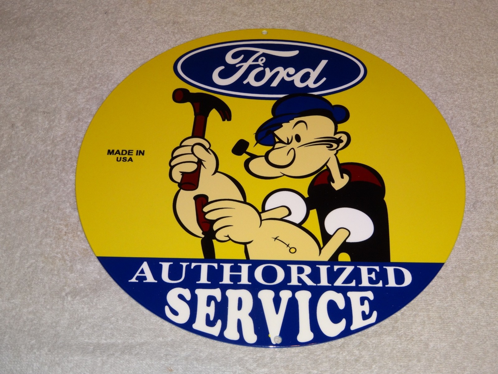 VINTAGE FORD SERVICE W/ POPEYE THE SAILOR MAN 12″ ENAMEL METAL GASOLINE OIL SIGN