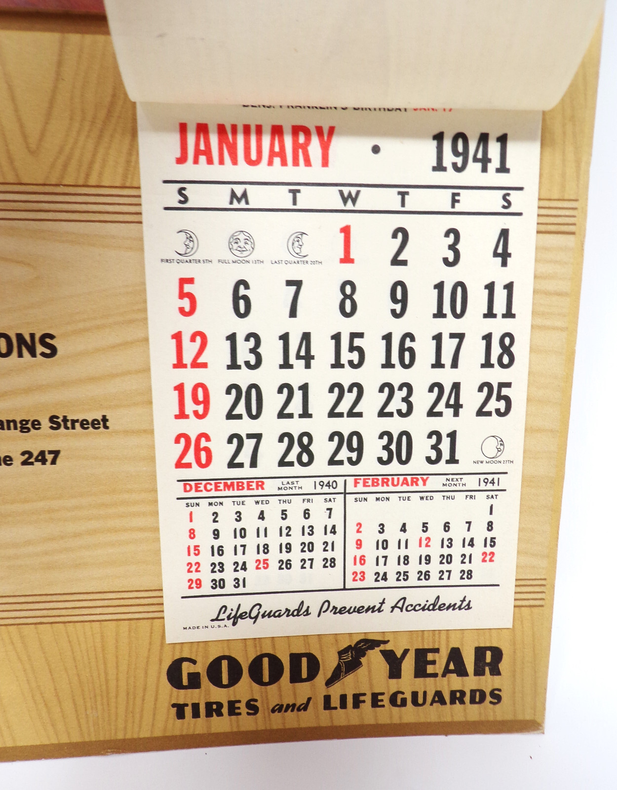 Bachelder Oil Gas Calendar 1941 Goodyear Tires Athol Massachusetts Boy Fishing