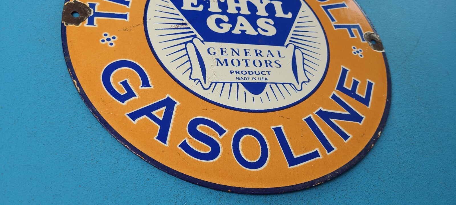 VINTAGE GULF GASOLINE PORCELAIN ETHYL GAS SERVICE STATION GENERAL MOTORS SIGN