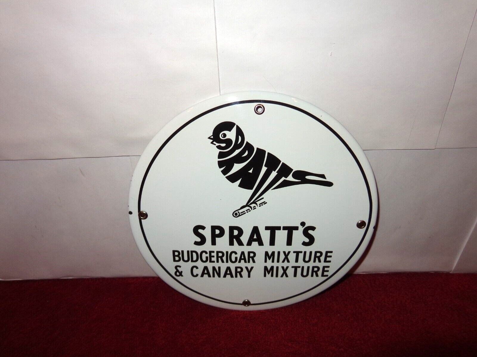 10 in SPRATT`S CANARY BIRD FOOD MIXTURE SIGN DOMED DIE CUT METAL PORCELAIN Z411