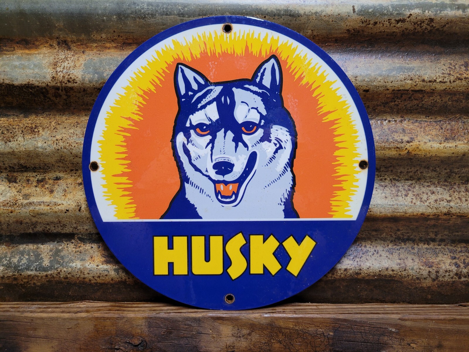 VINTAGE HUSKY PORCELAIN SIGN MOTOR OIL GASOLINE COMPANY AUTO SERVICE SLED DOG