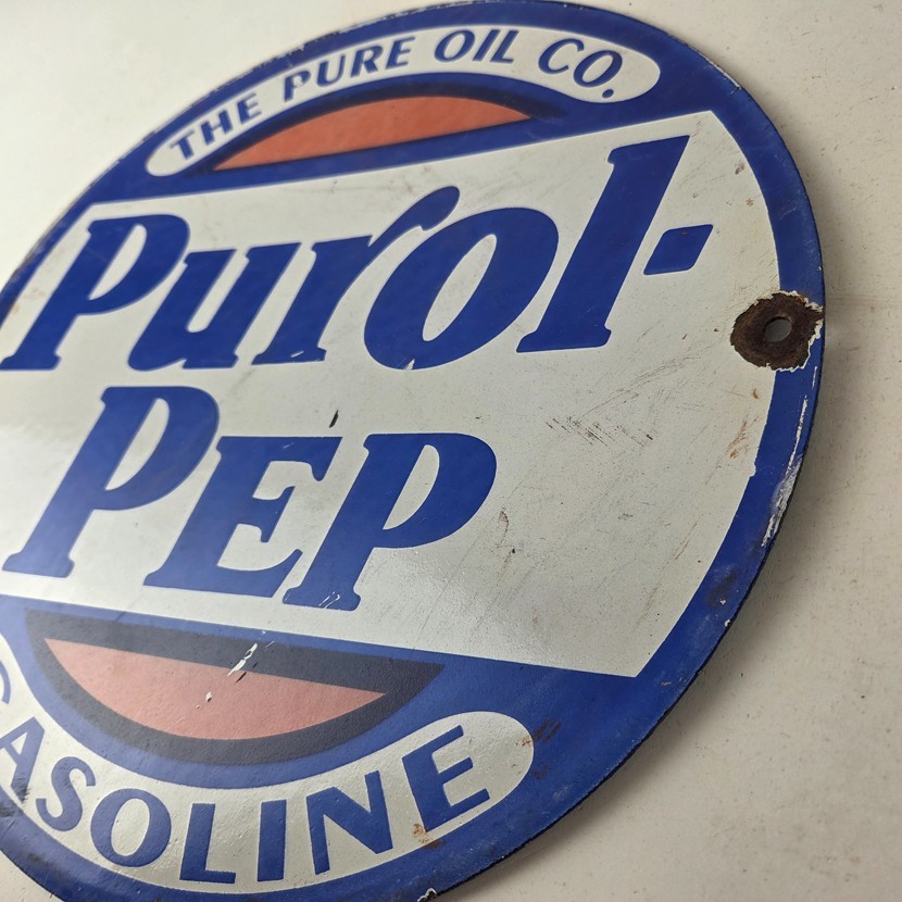 VINTAGE PURE OIL CO PORCELAIN PUROL PEP GASOLINE SERVICE STATION PUMP PLATE SIGN