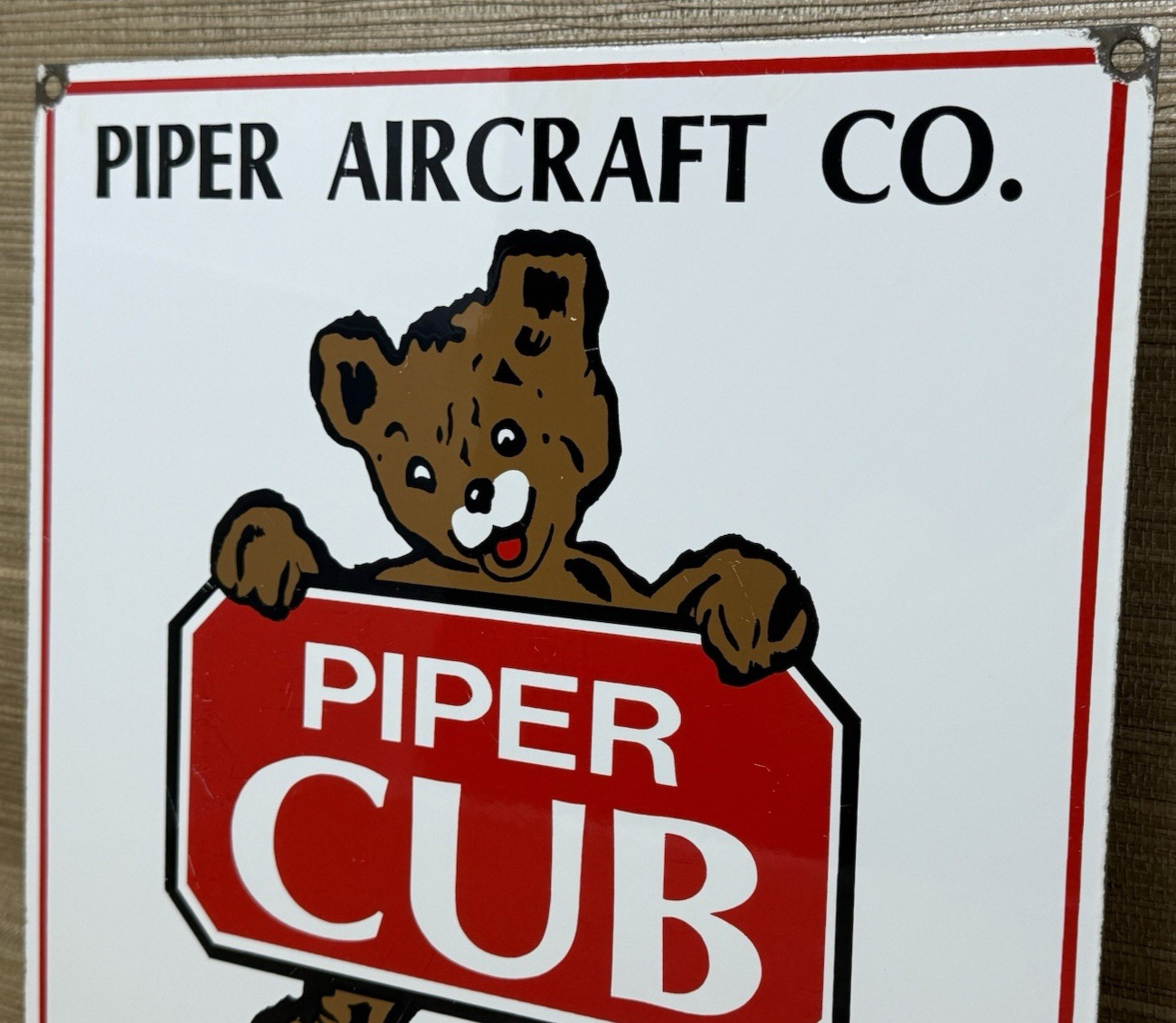 VINTAGE PIPER CUB PORCELAIN DEALER SIGN GAS STATION SALES SERVICE AVIATION BEAR