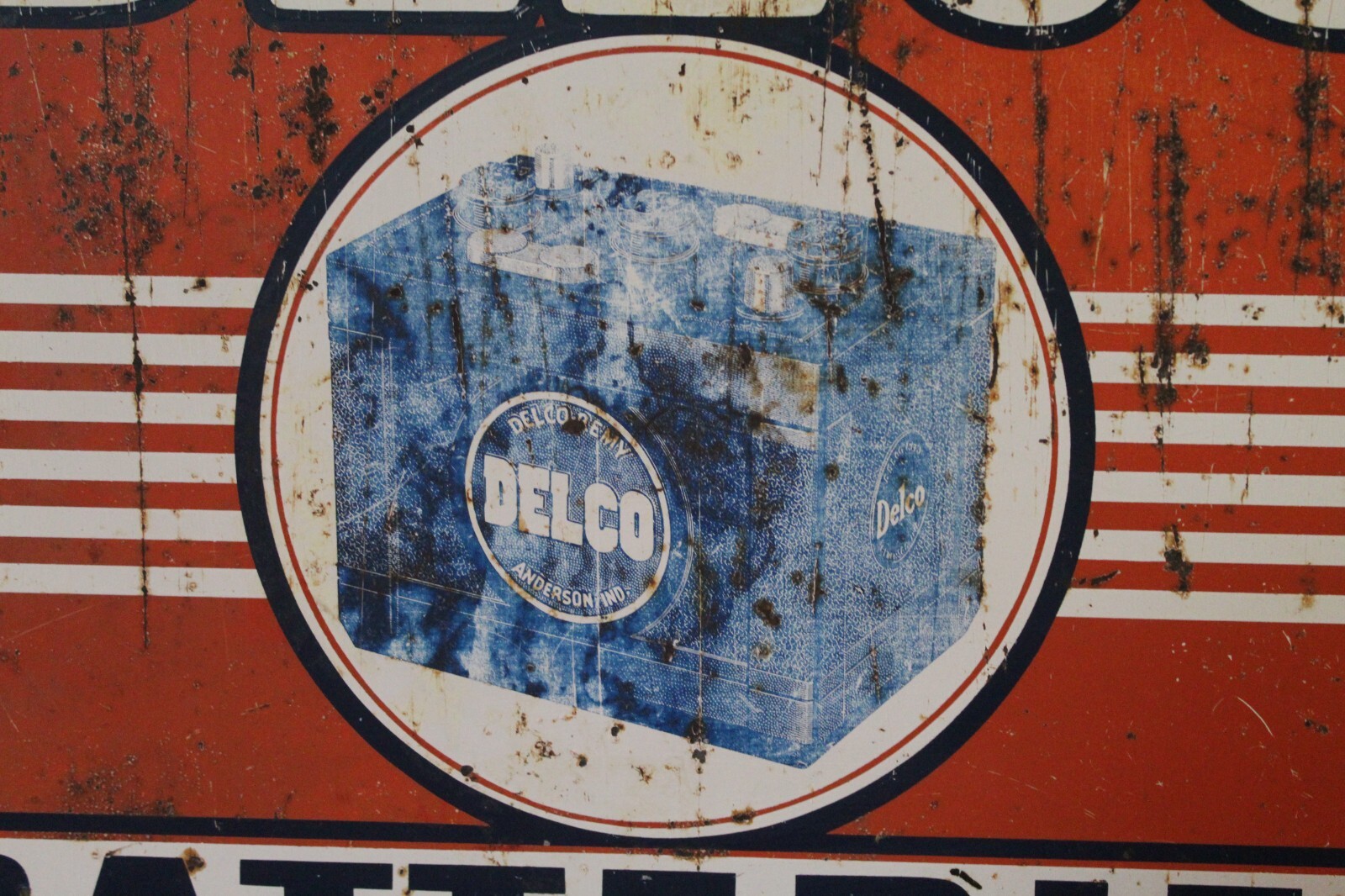 SCARCE 1954 DELCO BATTERIES 2-SIDED PAINTED METAL DEALER SIGN GMC CHEVY GAS OIL