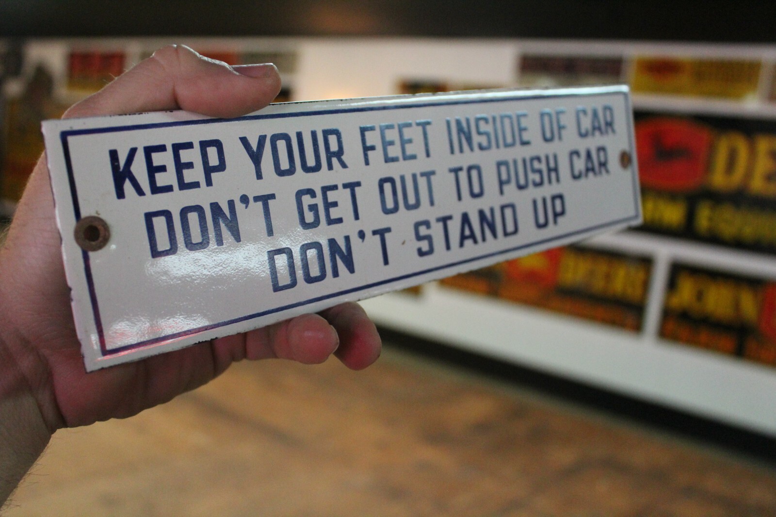 KEEP YOUR FEET INSIDE OF CAR PORCELAIN METAL SIGN CAB RAILROAD TRAIN POLICE GAS