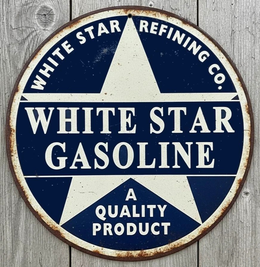 White Star Gasoline 12″ Diameter Vintage Novelty Metal Sign Made In USA