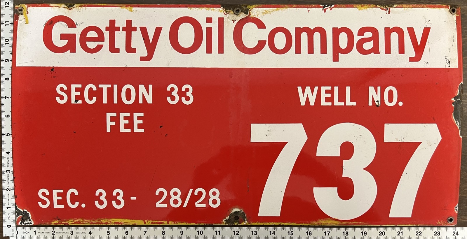 Vintage Porcelain Oil Field Sign – Getty Oil Company Sect 33 Fee Well No 737