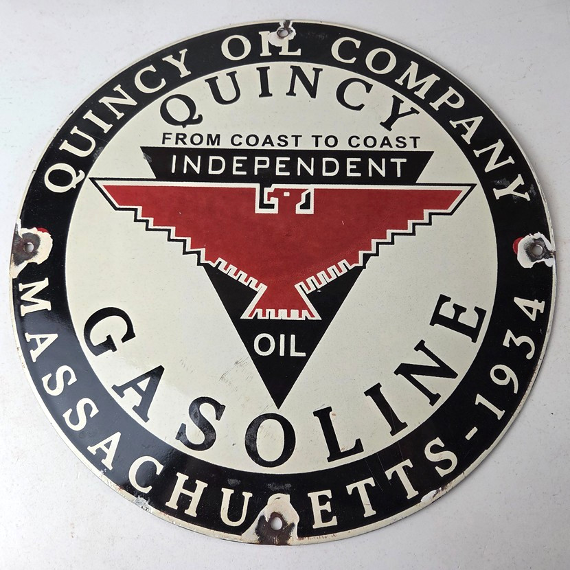 Vintage Quincy Motor Oil Porcelain Sign – Gasoline Pump Plate Service Sign