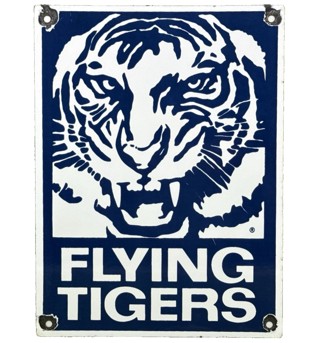 VINTAGE FLYING TIGERS PORCELAIN SIGN OIL GAS AVIATION HANGAR PLANE AIRPORT