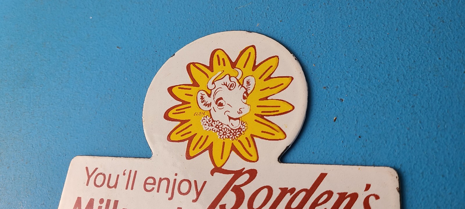 Vintage Bordens Ice Cream Milk Sign Topper – Gas Porcelain License Plate Topper