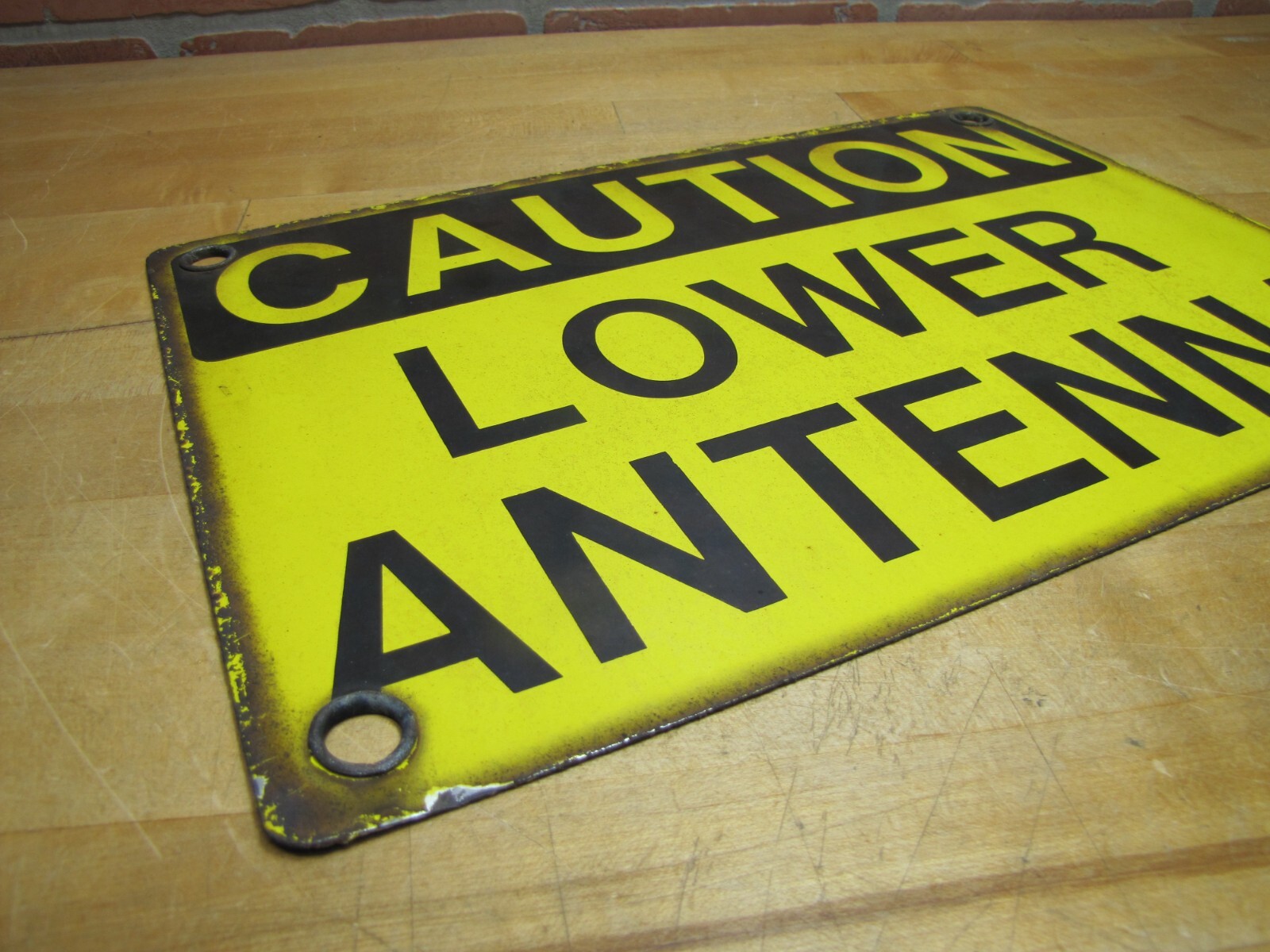 CAUTION LOWER ANTENNA Original Old Porcelain Sign Shop Car Wash Industrial RR