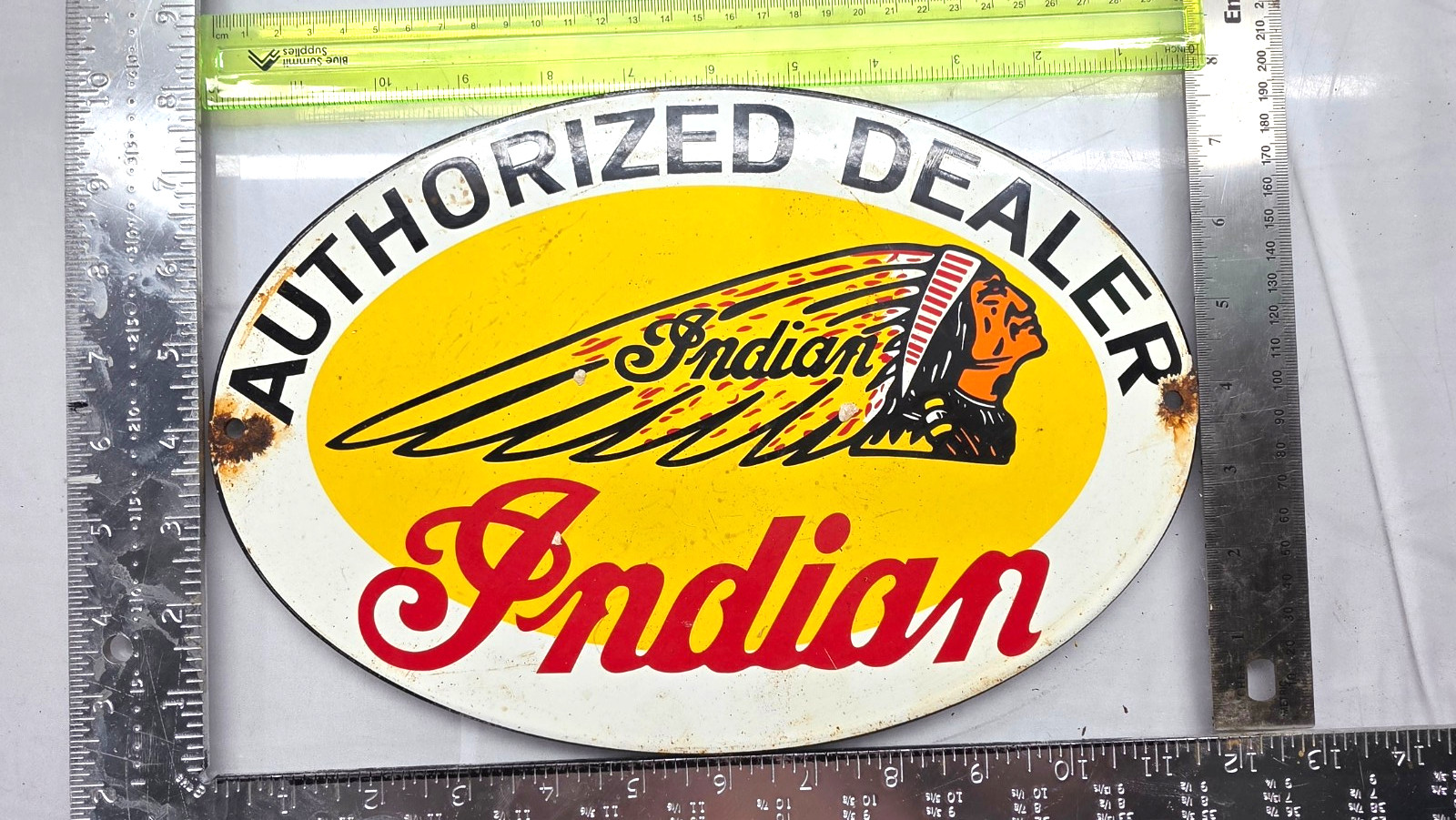 INDIAN AUTHORIZED DEALER 12″ VINTAGE FLT Gas Pump Service Station Porcelain Sign