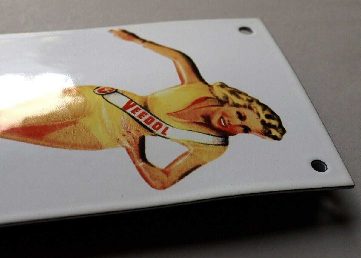 VEEDOL ICE SKATING GIRL PORCELAIN DOOR ENAMEL GARAGE SIGN EMAILLE 10x20cm=4×8″
