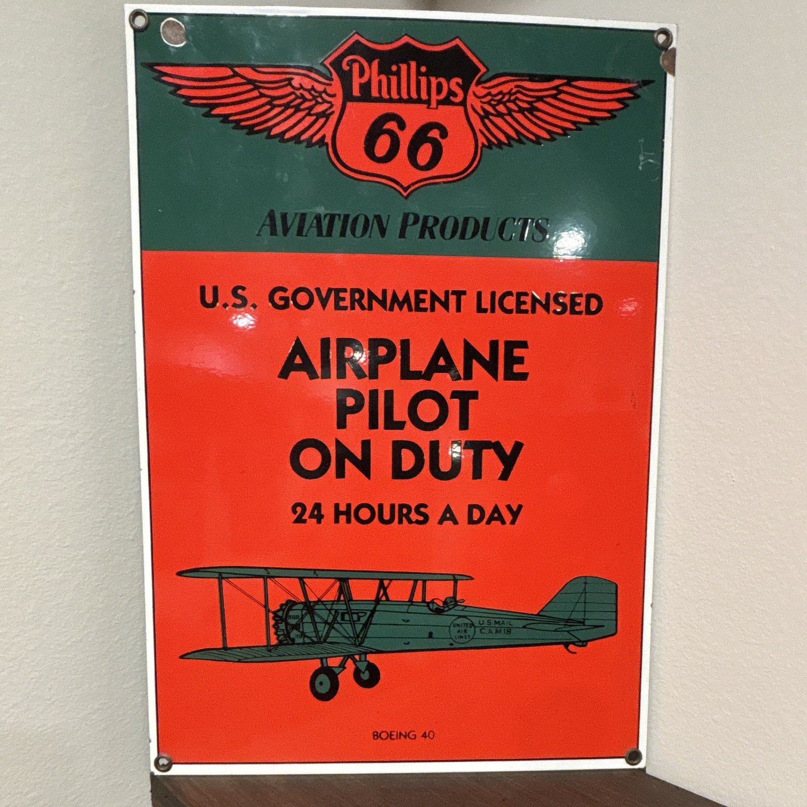 Phillips 66 Gas & Oil Aviation Airplane Pilot On Duty Metal Advertising Sign