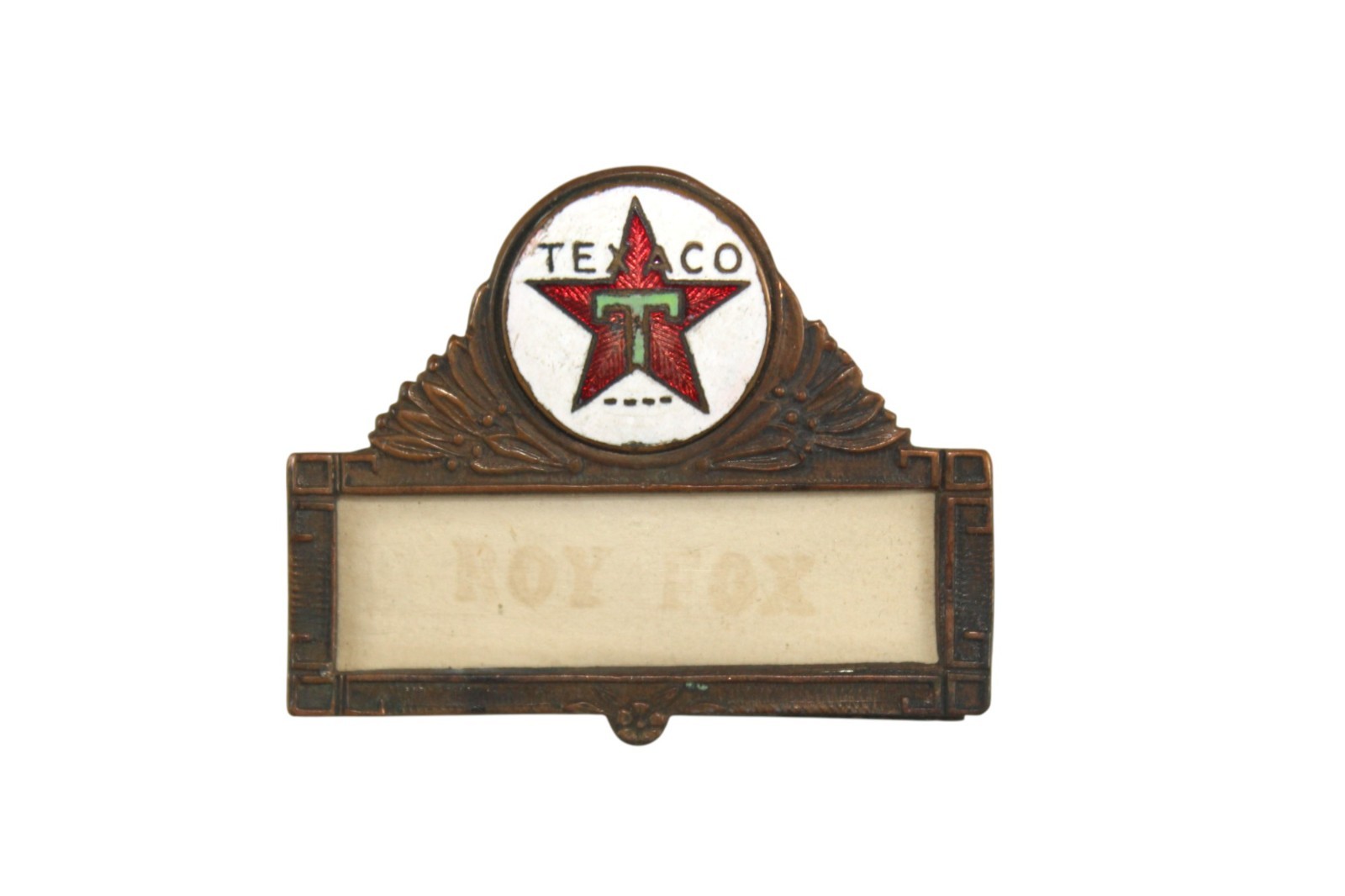 Antique Texaco Oil Gas Station Owner Agent Roy Fox Enamel Badge Zanesville Ohio