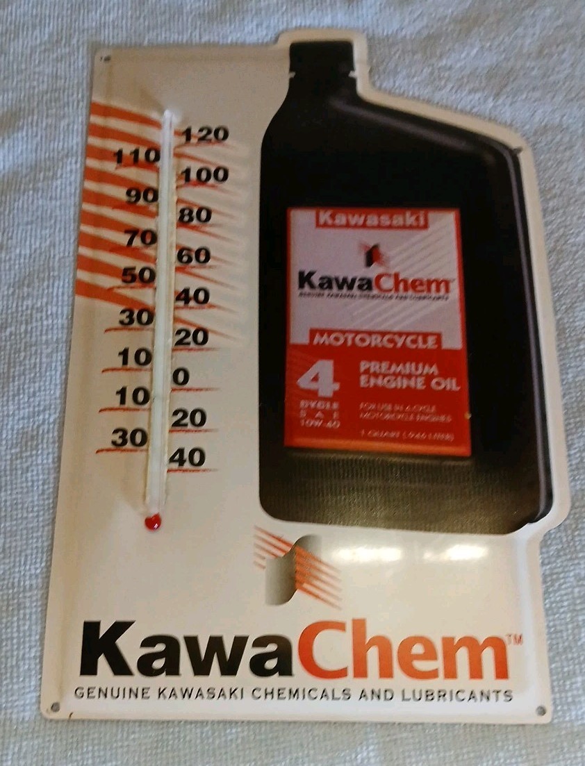 Vtg Rare Kawasaki Motorcycle Oil Embossed Enamel Advertising Thermometer Sign