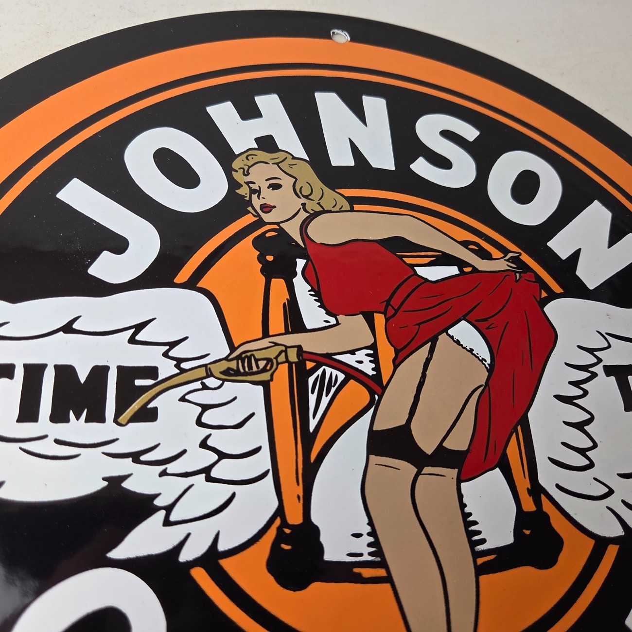 Vintage Johnson Gasoline Sign – Time Tells Gas Oil Pump Plate Porcelain Sign