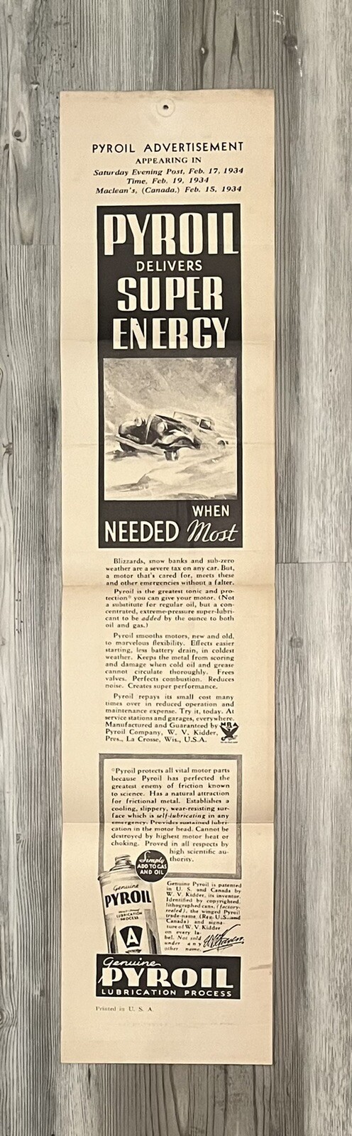 Vintage 1934 Pyroil Oil Advertising Sign Poster Evening Post Maclean’s Canada