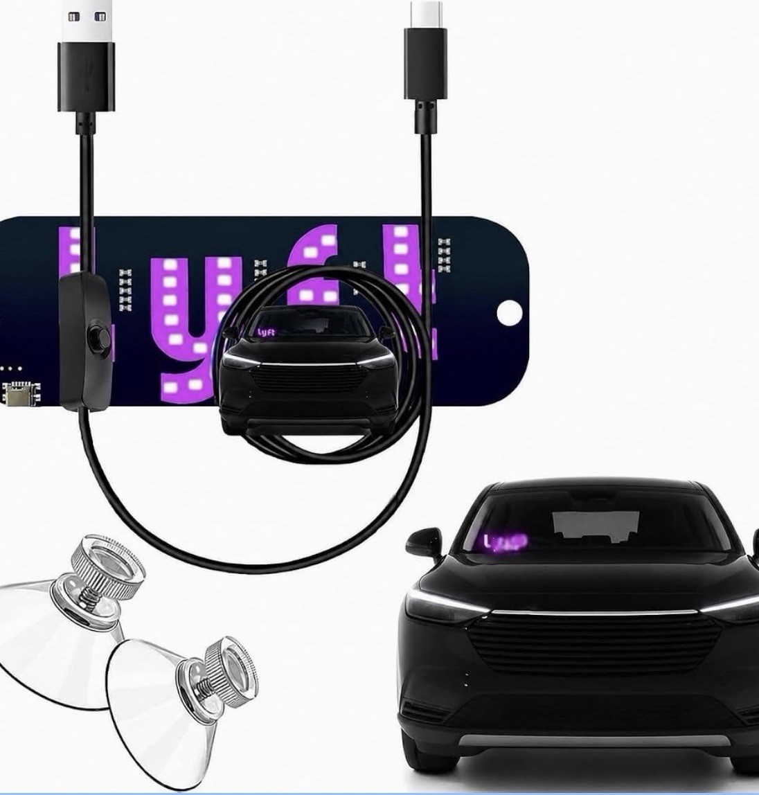 USB Car LED Light Sign for Taxi Drivers, Windshield Display with Suction