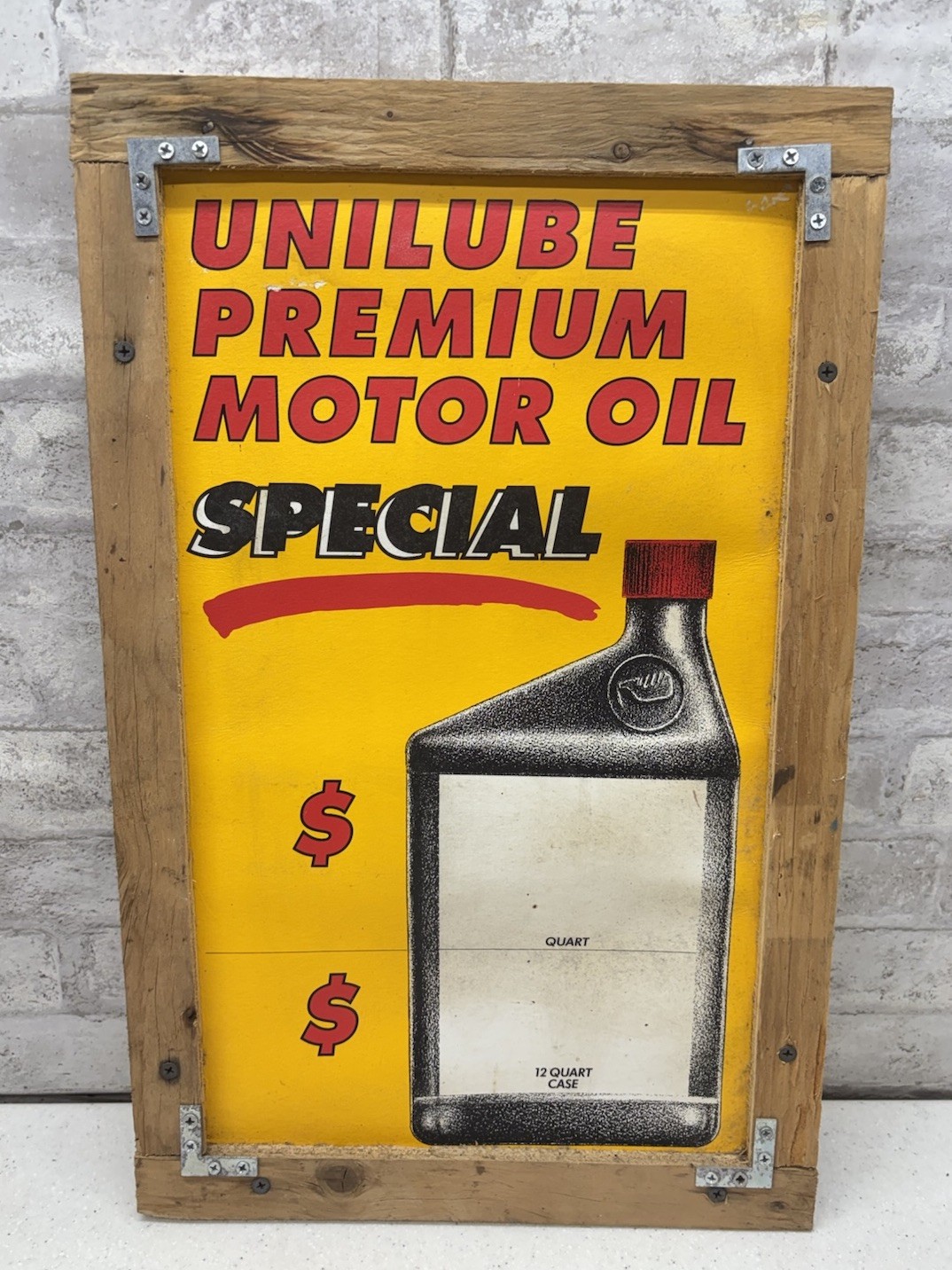 Vintage Unilube Premium Motor Oil Double-Sided Cardboard Price Sign Framed 21×13