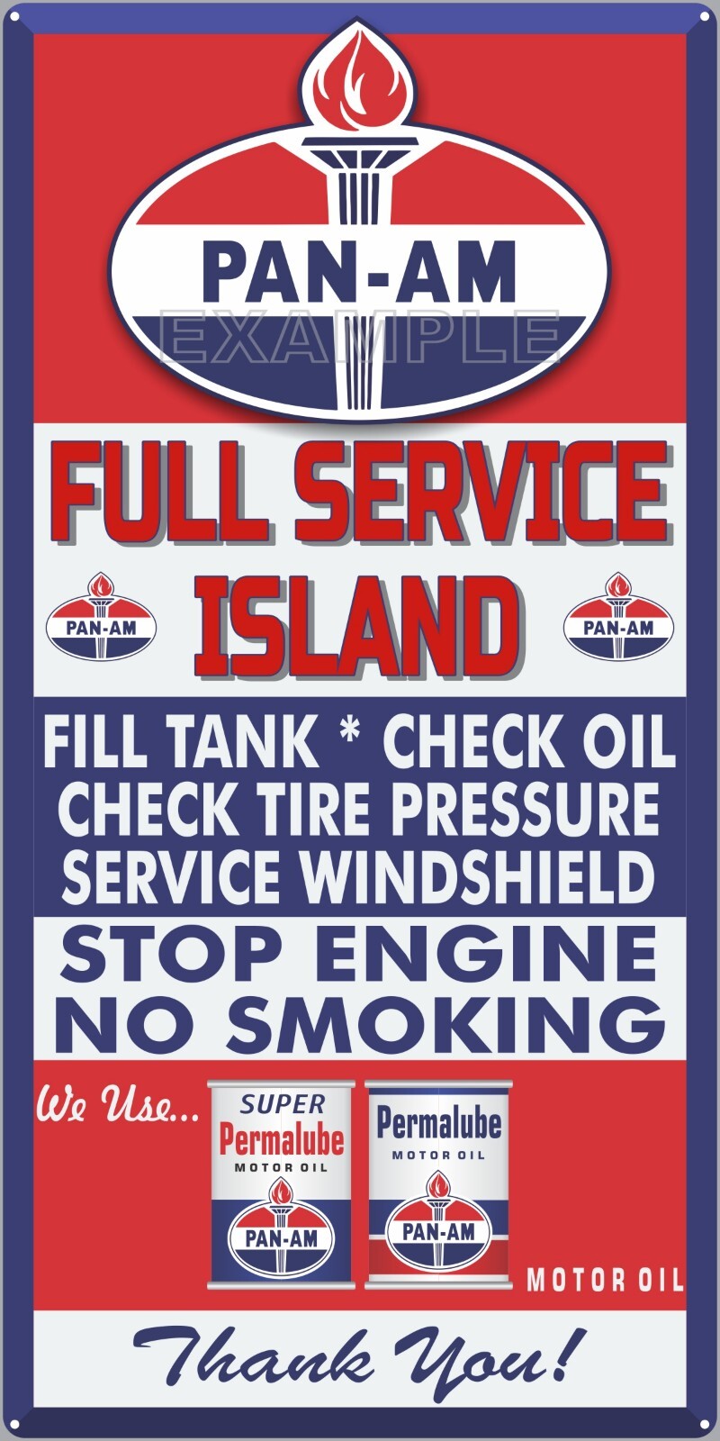 PAN AM GAS STATION FULL SERVICE ISLAND PUMP SIGN REMAKE ALUMINUM SIZE OPTIONS