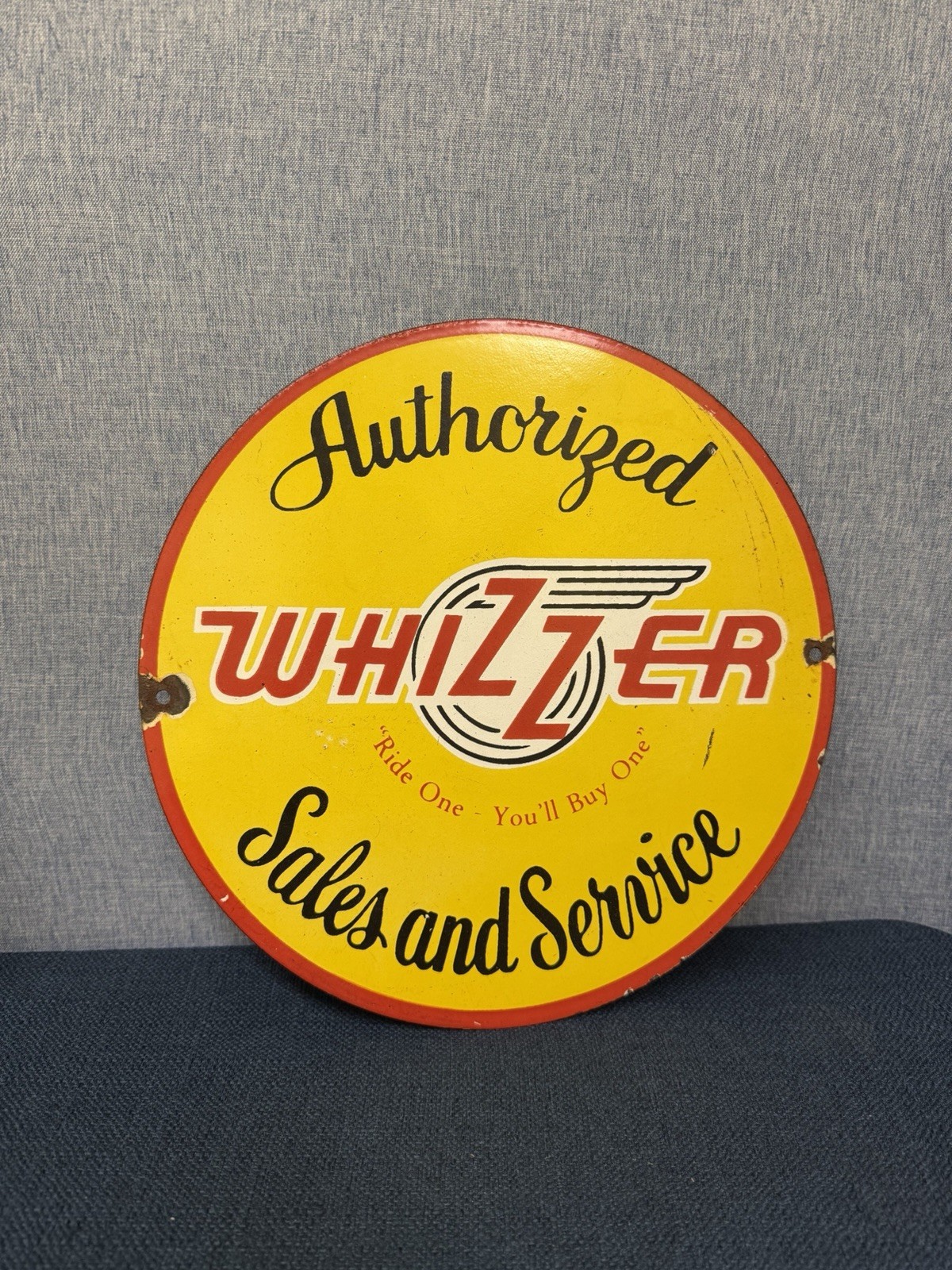 VINTAGE 12” WHIZZER DEALERSHIP PORCELAIN SIGN CAR GAS TRUCK GASOLINE