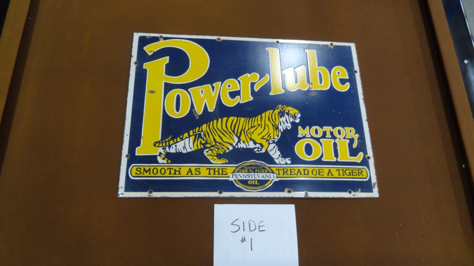 Power-Lube motor oil Tiger double sided Porcelain Sign, 28″ x 20″ Reproduction
