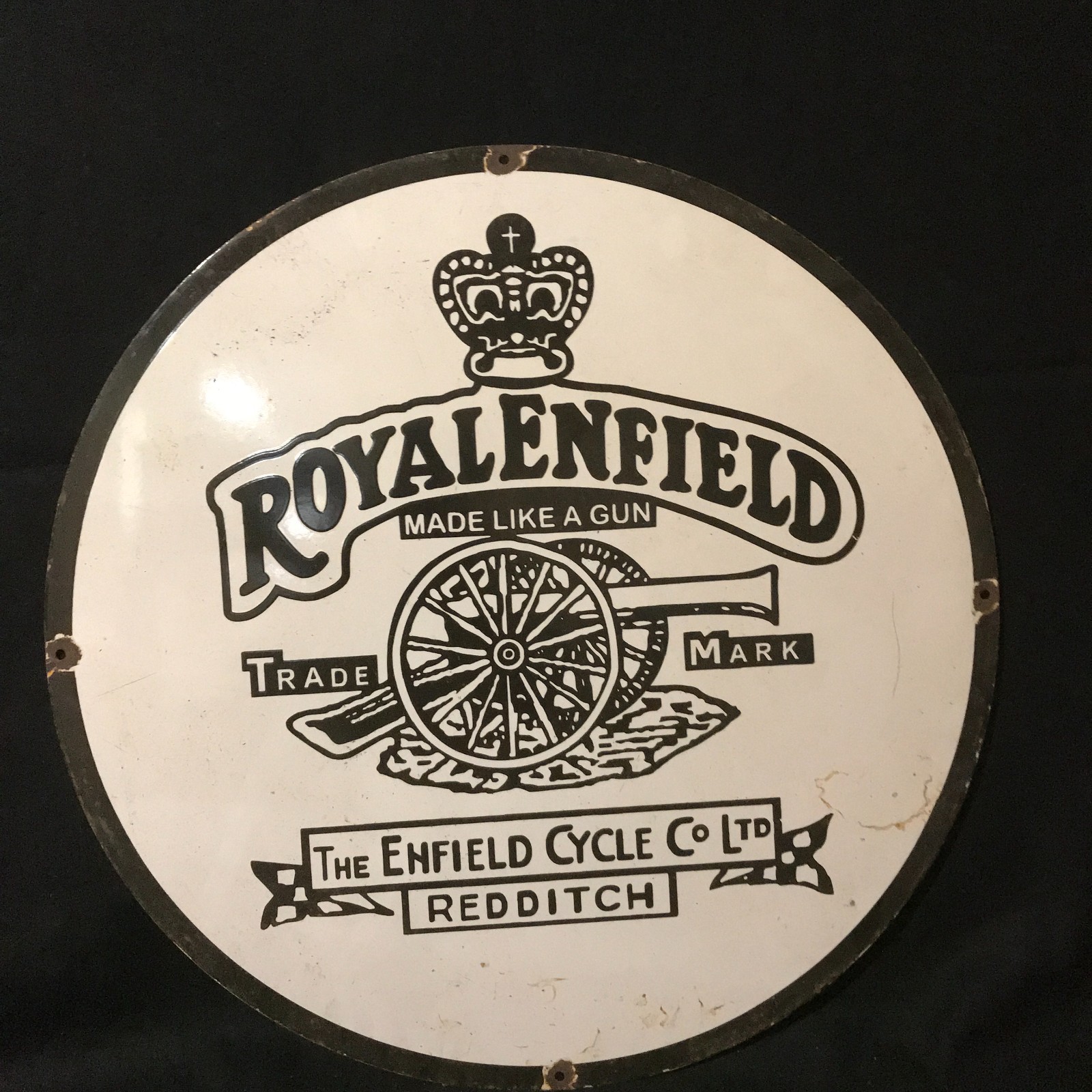 ROYAL ENFIELD REDDITCH ADVERTISING PORCELAIN ENAMEL SIGN 30 IN ROUND SS