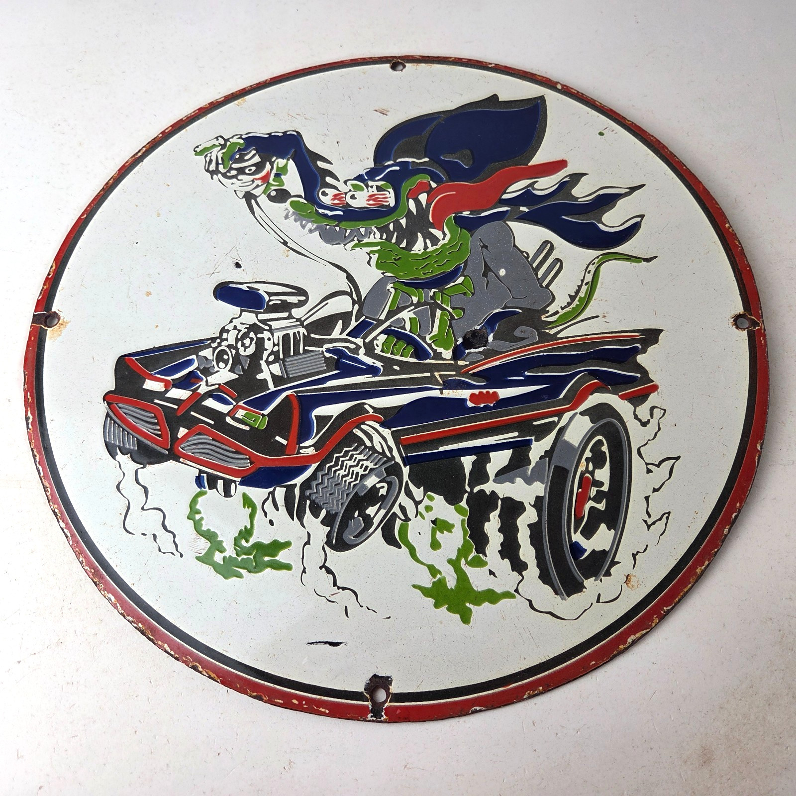 Vintage Rat Fink Hot Rod Batmobile Porcelain Sign – Kustom Fink Batman Sign